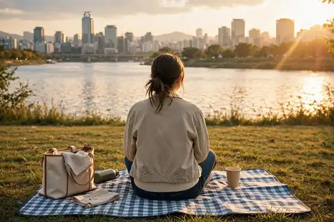 汝矣島の漢江公園。夕方の光の中、川を見て過ごす午後。
