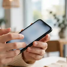 ソウルのカフェでスマートフォンを操作する手