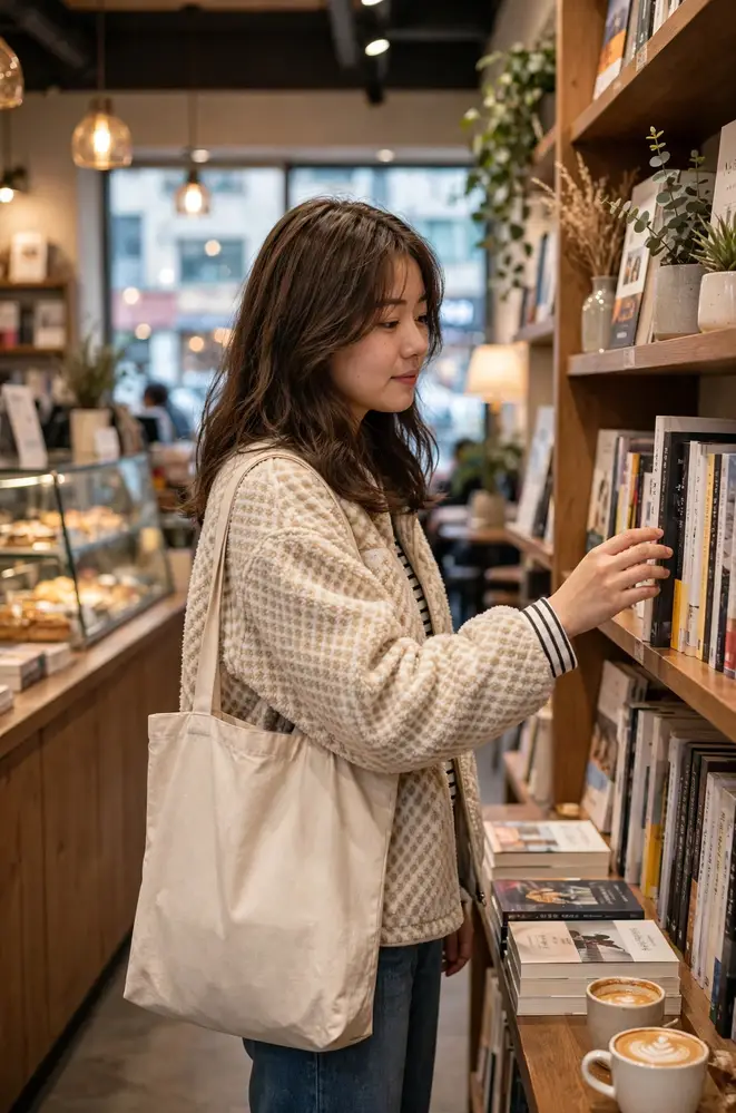 書店カフェにて。秋冬の買い物の基準は「日本に帰っても着られるかどうか」。