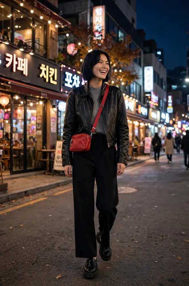 夜の外出。クロップドレザージャケットに黒のワイドパンツ。