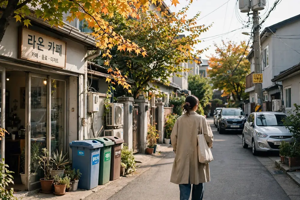 延南洞の住宅街の路地。静かな午前を歩く。