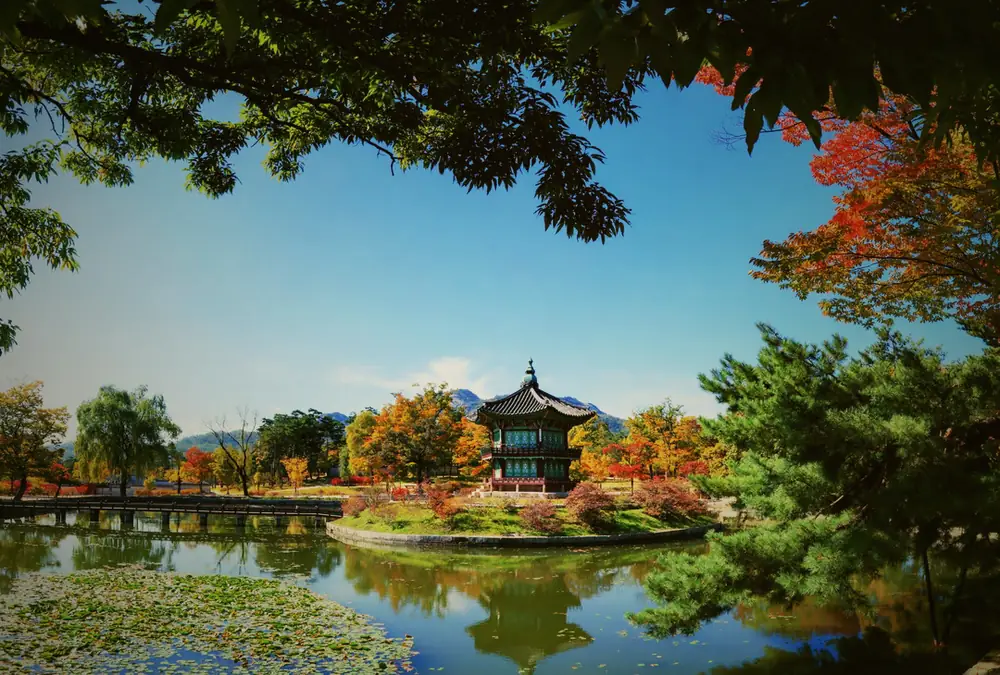紅葉に染まる景福宮・香遠亭と池の映り込み