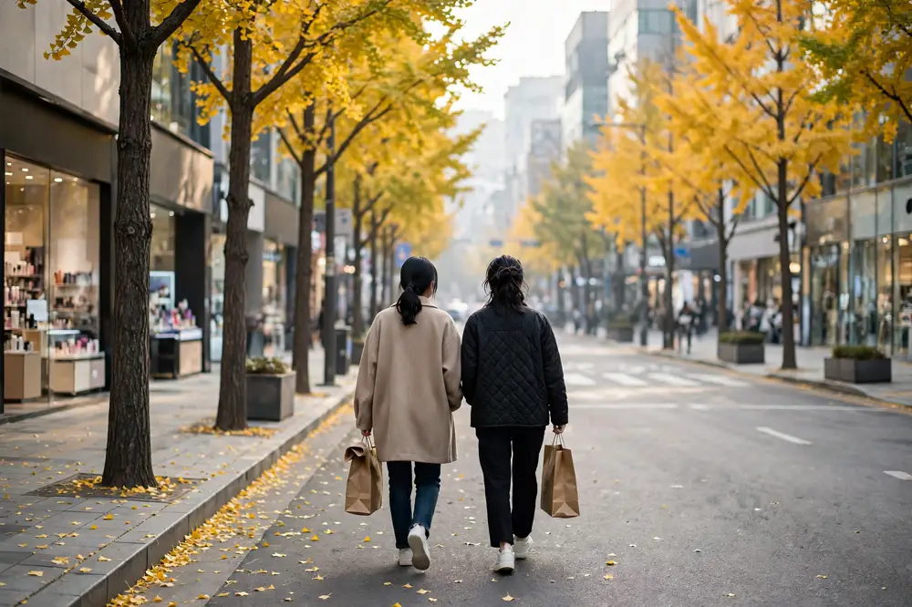銀杏並木のショッピングストリートを歩く、買い物袋を持った二人