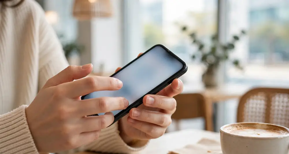 ソウルのカフェでスマートフォンを操作する手